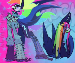 Size: 2459x2062 | Tagged: safe, artist:shieshuqqq, rainbow dash, alicorn, pegasus, pony, eternal night au (janegumball), g4, clothes, colored sclera, colored teeth, corrupted, cuffs (clothes), devil horn (gesture), female, green sclera, green teeth, grin, jacket, makeup, mare, nightmare night, nightmare rainbow dash, nightmarified, punk, rock, sharp teeth, smiling, spread wings, teeth, unshorn fetlocks, wing gesture, wings