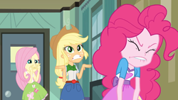 Size: 1280x720 | Tagged: safe, screencap, applejack, fluttershy, pinkie pie, equestria girls, g4, my little pony equestria girls, angry, angry pie, applejack is best facemaker, arms, belt, breasts, bust, button-up shirt, canterlot high, classroom, clothes, cowboy hat, denim skirt, door, eyes closed, eyes open, female, fingers, freckles, frown, hand, hand on face, hand over mouth, hat, lip bite, long hair, nervous, open mouth, pinkie pie is best facemaker, ponytail, scared, school, shirt, short sleeves, skirt, sleeveless, standing, tank top, teenager, teeth, vest, wince, window
