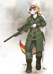 Size: 3000x4200 | Tagged: safe, artist:mykegreywolf, oc, oc only, oc:thunder mane, alicorn, anthro, plantigrade anthro, fallout equestria, alicorn oc, anthro oc, blue eyes, boots, clothes, commission, fallout equestria oc, female, gun, horn, mare, mercenary, rifle, shoes, weapon, wings