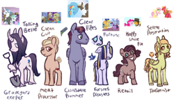 Size: 1280x749 | Tagged: safe, artist:computerstickman, applejack, big macintosh, cheese sandwich, dumbbell, fancypants, flash sentry, fluttershy, pinkie pie, rainbow dash, rarity, trenderhoof, twilight sparkle, oc, oc:clean cut, oc:clean pipes, oc:fortune, oc:happy smile pie, oc:serene preservation, oc:toiling bell, alicorn, earth pony, pegasus, pony, unicorn, g4, alicorn oc, applejewel, crying, curved horn, dumbdash, earth pony oc, female, grin, hair over eyes, hairnet, horn, male, mare, name, next generation, offspring, parent:applejack, parent:big macintosh, parent:cheese sandwich, parent:dumbbell, parent:fancypants, parent:flash sentry, parent:fluttershy, parent:pinkie pie, parent:rainbow dash, parent:rarity, parent:trenderhoof, parent:twilight sparkle, parents:cheesepie, parents:dumbdash, parents:flashlight, parents:fluttermac, parents:raripants, parents:trenderjack, pegasus oc, screencap reference, ship:cheesepie, ship:flashlight, ship:fluttermac, ship:raripants, shipping, shovel, simple background, smiling, stallion, straight, transparent background, trenderjack, twilight sparkle (alicorn), wings