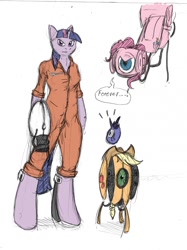 Size: 958x1280 | Tagged: safe, artist:coatl, applejack, pinkie pie, princess luna, twilight sparkle, unicorn, anthro, unguligrade anthro, g4, bipedal, chell, clothes, crossover, emanata, glados, horn, jumpsuit, portal (valve), portal gun, simple background, turret, white background