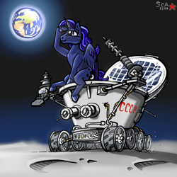 Size: 2400x2400 | Tagged: safe, artist:scarletdex8299, princess luna, alicorn, pony, g4, camera, cosmonaut, crater, dust, earth, exploring, female, flowing mane, history, irl, lunokhod, moon, photo, planet, ponies in real life, riding, sitting, soviet union, space, space race, technology, vehicle