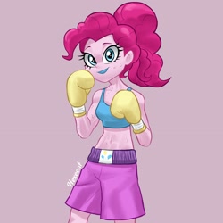 Size: 2048x2048 | Tagged: safe, artist:hexecat, pinkie pie, equestria girls, g4, abs, belly, belly button, blue lipstick, boxer, boxing, boxing gloves, collarbone, female, fit, lipstick, midriff, muscles, pink background, raised fist, simple background, slender, solo, sports, standing, sternocleidomastoid, sweat, thin