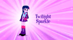 Size: 1080x586 | Tagged: safe, twilight sparkle, human, equestria girls, g4, arms, backpack, blouse, boots, bowtie, clothes, eg stomp, female, hand, happy, legs, long hair, pose, puffy sleeves, shoes, skirt, smiling, solo, teenager, teeth