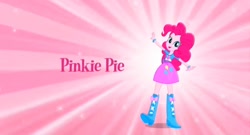 Size: 1080x582 | Tagged: safe, pinkie pie, human, equestria girls, g4, arms, boots, bow, bracelet, clothes, eg stomp, emblem, female, hand, happy, heart, jewelry, legs, long hair, open mouth, open smile, pose, shirt, shoes, short sleeves, skirt, smiling, solo, spread arms, teenager, vest
