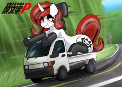 Size: 2048x1467 | Tagged: safe, artist:czu, oc, oc only, oc:lilith, inflatable pony, pony, unicorn, bow, clothes, eyeshadow, hair bow, horn, inflatable, kei truck, lidded eyes, makeup, smiling, socks, solo