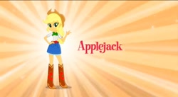 Size: 1080x593 | Tagged: safe, applejack, human, equestria girls, g4, arms, belt, boots, button-up shirt, clothes, cowboy boots, cowboy hat, cowgirl, cute, denim skirt, eg stomp, female, fingers, freckles, hand, hand on hip, happy, hat, jackabetes, legs, long hair, ponytail, pose, shirt, shoes, short sleeves, skirt, smiling, solo, stetson, teenager
