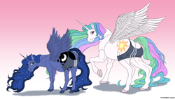 Size: 4800x2700 | Tagged: safe, artist:atariboy2600, princess celestia, princess luna, alicorn, pony, g4, adidas, butt, clothes, duo, duo female, female, gradient background, high res, hoers, looking at you, looking back, looking back at you, luna is not amused, mare, medium support, meme, moonbutt, pink background, plot, raised hoof, royal sisters, shadow, siblings, signature, sisters, smiling, smiling at you, sports bra, spread wings, sunbutt, unamused, underhoof, wardrobe misuse, wings