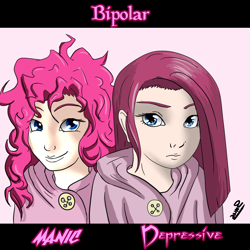 Size: 900x900 | Tagged: artist needed, safe, pinkie pie, human, g4, bipolar, clothes, curly hair, depressed, female, hoodie, humanized, manic, mental illness, pink background, pinkamena diane pie, signature, simple background, straight hair