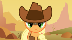 Size: 799x448 | Tagged: safe, artist:agrol, applejack, earth pony, pony, g4, 2014, age regression, artifact, cowboy, cowboy hat, desert, female, filly, foal, hat, just be me, old art, solo, young, younger