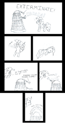 Size: 2279x4362 | Tagged: safe, artist:qaxis, pinkie pie, earth pony, g4, comic, crossover, dalek, doctor who, exterminate, fake death, monochrome, sketch