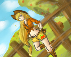 Size: 900x720 | Tagged: safe, artist:moonfullite, applejack, human, g4, apple, apple tree, applejack's hat, belly button, boots, clothes, cowboy boots, cowboy hat, daisy dukes, fence, food, freckles, hat, humanized, leaning back, shoes, shorts, tree