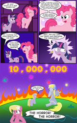 Size: 1116x1781 | Tagged: safe, derpy hooves, dinky hooves, lily, lily valley, pinkie pie, twilight sparkle, earth pony, pegasus, pony, unicorn, equestria daily, g4, blushing, bouncing, comic, dialogue, female, fire, fireworks, flower, flower in hair, horn, mare, speech bubble, sweat, sweatdrop, the horror