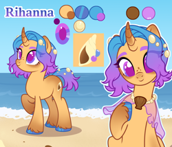 Size: 3500x3000 | Tagged: safe, artist:nika-rain, oc, oc only, oc:rihanna, pony, unicorn, g4, beach, color palette, colored hooves, colored pupils, curved horn, cute, cutie mark, eye clipping through hair, female, freckles, gradient horn, gradient legs, gradient mane, gradient tail, hoof polish, horn, jewelry, necklace, ocean, raised hoof, reference, reference sheet, shawl, show accurate, sky, solo, standing, tail, unshorn fetlocks, vector, water
