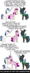 Size: 1000x2400 | Tagged: safe, artist:sneshpone, princess cadance, queen chrysalis, shining armor, alicorn, changeling, changeling queen, pony, unicorn, g4, 3 panel comic, comic, crown, dialogue, female, horn, implied sex, infidelity, jewelry, male, mare, regalia, simple background, stallion, tiara, white background, wings