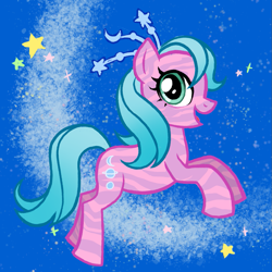 Size: 1049x1049 | Tagged: safe, artist:catachromatic, pearlshine, earth pony, pony, g1, g4, alternate cutie mark, fairy brights, fancy swirl ponies, female, g1 to g4, generation leap, mare, open mouth, open smile, smiling, solo, space, stars