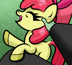 Size: 2300x2100 | Tagged: safe, artist:scandianon, apple bloom, oc, oc:anon, earth pony, human, pony, g4, adorabloom, cute, female, filly, foal, happy, laughing, male, open mouth, open smile, outdoors, petting, smiling