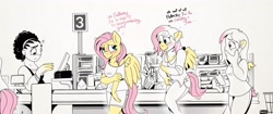 Size: 3336x1400 | Tagged: safe, artist:foxxy-arts, fluttershy, human, pegasus, anthro, g4, beard, cashier, cellphone, checkout line, dialogue, embarrassed, facial hair, female, food, grocery store, high res, human to anthro, male to female, mid-transformation, multeity, partial color, phone, pineapple, self paradox, simple background, smartphone, so much flutter, transformation, transgender transformation, uncolored skin