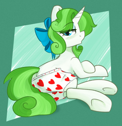 Size: 1362x1406 | Tagged: safe, artist:modularpon, oc, oc:minty root, pony, unicorn, blue underwear, bow, boxers, butt, clothes, female, hair bow, heart, heart print underwear, horn, lidded eyes, looking at you, looking back, looking back at you, mare, plot, shorts, sitting, solo, underwear