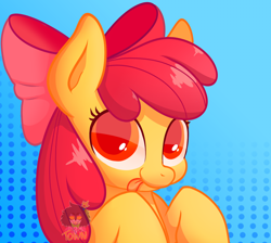 Size: 1338x1200 | Tagged: safe, artist:mayhemtown, apple bloom, earth pony, pony, g4, adorabloom, apple bloom's bow, big eyes, bow, colored lineart, colored pupils, cute, female, filly, foal, gradient background, hair bow, looking at you, polka dot background, rainbow, raised hooves, simple background, smiling, smiling at you, solo, tongue out