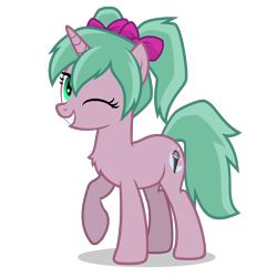 Size: 2800x2800 | Tagged: safe, artist:oblivionfall, oc, oc only, oc:magicalmysticva, pony, unicorn, g4, bow, chest fluff, female, green eyes, hair bow, horn, mare, one eye closed, open mouth, pigtails, png, raised hoof, simple background, solo, teal mane, transparent background, twintails, vector, wink