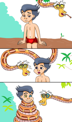 Size: 971x1640 | Tagged: safe, artist:ocean lover, discord, rumble, human, snake, g4, 1000 hours in ms paint, 3 panel comic, antagonist, bare shoulders, belly button, big smile, bush, child, coils, comic, comic panel, crossover, discord being discord, disney, duo, duo male, eyebrows, forest, forked tongue, frown, happy, human coloration, humanized, hypno eyes, hypnosis, hypnotized, jungle, kaa, kaa eyes, leaves, log, loincloth, looking at each other, looking at someone, male, mowgli, ms paint, nature, open mouth, panel, purple eyes, sad, shocked, simple background, sitting, species swap, squeeze, surprised, the jungle book, trance, tree, twig, two toned hair, weird, white background, wrapped snugly, wrapped up