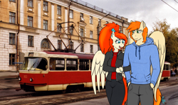 Size: 3637x2160 | Tagged: safe, artist:raw16, oc, oc:rave muller, oc:ray muller, pegasus, anthro, anthro oc, arm in arm, augmentation, augmented, augmented eyes, brother and sister, building, city, clothes, cute, denim, ear piercing, eyeshadow, female, hand in pocket, hoodie, jacket, jeans, jewelry, leather, leather jacket, looking at each other, looking at someone, looking down, makeup, male, nail polish, pants, pendant, piercing, ponytail, railroad, real life background, shirt, siblings, sky, smiling, spread wings, street, t-shirt, talking, tatra t3, together, tram, walking, walking together, wings