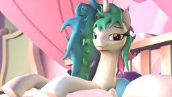 Size: 1920x1080 | Tagged: safe, artist:pika-robo, derpibooru exclusive, princess celestia, alicorn, pony, g4, 3d, bed, bed mane, bedroom, bedsheets, female, lidded eyes, looking at you, messy mane, missing accessory, morning ponies, smiling, smiling at you, solo, source filmmaker, waking up