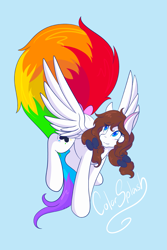 Size: 1365x2048 | Tagged: safe, artist:mscolorsplash, oc, oc only, oc:color splash, pegasus, pony, bow, female, hair bow, light blue background, long tail, looking back, mare, pigtails, rainbow tail, signature, simple background, smiling, solo, spread wings, tail, twintails, wings