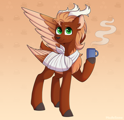 Size: 3000x2894 | Tagged: safe, artist:madelinne, oc, oc only, oc:leafy skies, deer, original species, peryton, antlers, bandage, broken bone, broken wing, cast, cloven hooves, coffee, colored hooves, colored wings, commission, deerified, freckles, gradient background, happy, injured, male, mug, short tail, sling, smiling, solo, species swap, stag, steam, tail, wings