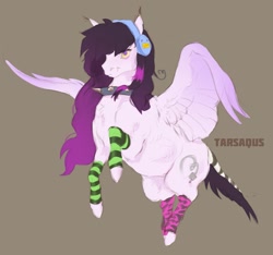 Size: 1517x1422 | Tagged: safe, artist:tarsaqus, oc, oc only, pegasus, pony, belly fluff, brown background, chest fluff, choker, clothes, female, flying, headphones, leg warmers, mare, simple background, solo, spiked choker