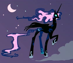 Size: 4096x3570 | Tagged: safe, artist:trollfuneral, princess luna, alicorn, pony, g4, concave belly, female, hoof shoes, horn, long horn, long legs, mare, missing accessory, moon, skinny, solo, stars, stylized, tall, thin