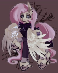 Size: 2480x3108 | Tagged: safe, artist:evoshniy, fluttershy, bird, pegasus, pony, g4, abstract background, alternate cutie mark, bone, bow, bowtie, clothes, cloven hooves, colored hooves, desaturated, ear fluff, ear piercing, earring, eyeshadow, fangs, female, fetlock tuft, fluttergoth, jewelry, lipstick, makeup, mare, partially open wings, piercing, raised hoof, skeleton, smiling, solo, tail, tail bow, tall ears, unshorn fetlocks, unusual pupils, wings