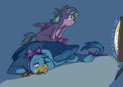 Size: 2048x1440 | Tagged: safe, artist:universalheart, gallus, oc, oc:wind wisher, griffon, pegasus, pony, g4, bow, duo, duo male and female, female, filly, foal, jewelry, lying down, male, prone, ring, sticker, television