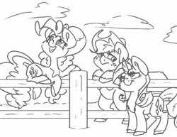 Size: 2048x1582 | Tagged: safe, artist:leadhooves, applejack, pinkie pie, rarity, earth pony, pony, unicorn, g4, female, fence, grayscale, horn, looking at each other, looking at someone, looking up, mare, monochrome, open mouth, open smile, simple background, smiling, trio, white background