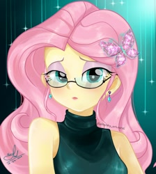 Size: 766x854 | Tagged: safe, artist:fluttershy_art.nurul, fluttershy, butterfly, equestria girls, g4, bare shoulders, beautiful, beautisexy, bust, clothes, cute, dress, ear piercing, earring, eyeshadow, glasses, green eyes, hairpin, jewelry, lidded eyes, makeup, piercing, pink hair, portrait, sleeveless, solo, sparkling