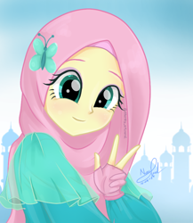 Size: 1428x1646 | Tagged: safe, artist:fluttershy_art.nurul, fluttershy, human, equestria girls, g4, my little pony equestria girls: better together, blushing, butterfly hairpin, clothes, cute, dress, fanart, hairpin, hijab, islam, islamashy, looking at you, mosque, religion, shyabetes, smiling, smiling at you, solo, veil