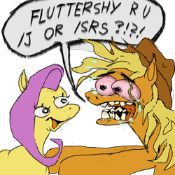 Size: 2000x2000 | Tagged: safe, artist:bambamsnooz, applejack, fluttershy, earth pony, pegasus, pony, g4, caption, cowboy hat, crying, desperation, duo, duo female, eyelashes, faic, female, frazzled, frazzled hair, grabbing, hat, image macro, looking at each other, looking at someone, meme, open mouth, outstretched arms, red eyes, simple background, smiling, speech bubble, stetson, teary eyes, teeth, text, transparent background