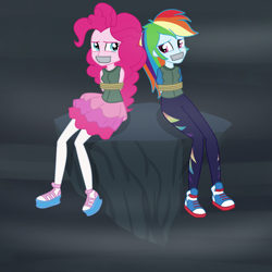 Size: 2000x2000 | Tagged: safe, artist:nie-martw-sie-o-mnie, pinkie pie, rainbow dash, equestria girls, g4, the lost treasure of griffonstone, bondage, bound and gagged, clothes, converse, duo, gag, leggings, rope, rope bondage, shoes, sitting, skirt, tape, tape gag