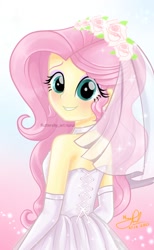 Size: 638x1036 | Tagged: safe, artist:fluttershy_art.nurul, fluttershy, equestria girls, g4, bare shoulders, beautiful, beautiful eyes, blushing, clothes, cute, dream, dress, eyeshadow, fanart, flower, flower in hair, gradient background, green eyes, looking at you, makeup, marriage, marry, pink hair, shy, shyabetes, sleeveless, smiling, smiling at you, solo, strapless, veil, wedding, wedding dress, wedding veil