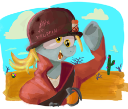 Size: 920x783 | Tagged: safe, artist:bambamsnooz, derpy hooves, pegasus, pony, g4, bandolier, blue sky, bullet hole, cactus, cigarette, clothes, cloud, day, derp, desert, detailed background, digital art, digital painting, graffiti, grenade, grin, helmet, hoof heart, open mouth, open smile, outdoors, popped collar, raised hoof, salute, sand, shirt, slogan, smiling, soldier (tf2), solo, team fortress 2, underhoof, undershirt, uniform, weeds, wingding eyes