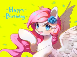 Size: 2048x1534 | Tagged: safe, artist:leafywind, oc, oc only, pegasus, pony, chest fluff, female, flower, flower in hair, happy birthday, mare, simple background, solo, yellow background