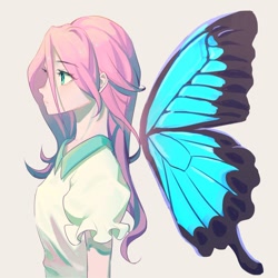 Size: 1024x1024 | Tagged: safe, artist:leafywind, fluttershy, human, g4, butterfly wings, female, floating wings, humanized, simple background, solo, winged humanization, wings