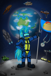 Size: 3000x4464 | Tagged: safe, artist:tacomytaco, oc, oc only, oc:taco.m.tacoson, pegasus, anthro, battlestar galactica, bipedal, boots, clothes, earth, farscape, flag, force field, gloves, goggles, male, moon, moya, mystery science theater 3000, red dwarf, shoes, solo, space, spaceballs the tag, spacesuit, standing, star trek, starbug, thunderbirds, uss enterprise