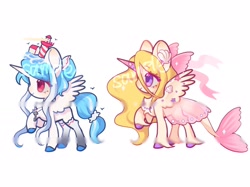 Size: 2048x1534 | Tagged: safe, artist:leafywind, oc, oc only, alicorn, merpony, pegasus, pony, adoptable, alicorn oc, clothes, duo, female, horn, jewelry, key, mare, necklace, socks, water mane, wings
