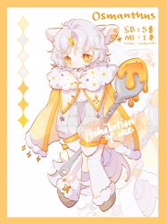 Size: 1528x2048 | Tagged: safe, artist:leafywind, oc, oc:osmanthus, pony, unicorn, semi-anthro, adoptable, cloak, clothes, hoof shoes, horn, male, solo, spoon, stallion, transparent horn, watermark