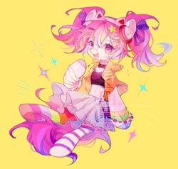 Size: 2048x1946 | Tagged: safe, artist:leafywind, oc, oc only, earth pony, pony, bandaid, bandaid on nose, bracelet, choker, clothes, female, hairclip, headphones, jacket, jewelry, mare, necklace, simple background, skirt, socks, solo, watermark, yellow background