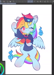 Size: 1360x1868 | Tagged: safe, artist:leafywind, rainbow dash, jiangshi, pegasus, pony, undead, g4, clothes, costume, female, halloween, halloween costume, hat, jewelry, mare, necklace, one eye closed, solo, wink