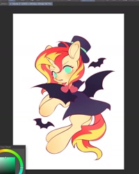 Size: 1404x1755 | Tagged: safe, artist:leafywind, sunset shimmer, bat, pony, unicorn, g4, bat wings, cape, clothes, costume, fangs, female, halloween, halloween costume, hat, horn, mare, solo, top hat, vampire costume, wings