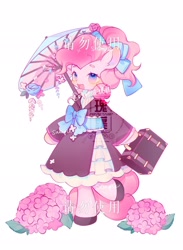 Size: 1500x2048 | Tagged: safe, artist:leafywind, pinkie pie, earth pony, pony, semi-anthro, g4, bow, clothes, female, flower, hair bow, hydrangea, kimono (clothing), mare, obtrusive text, obtrusive watermark, sample, simple background, solo, suitcase, wagasa, watermark, white background